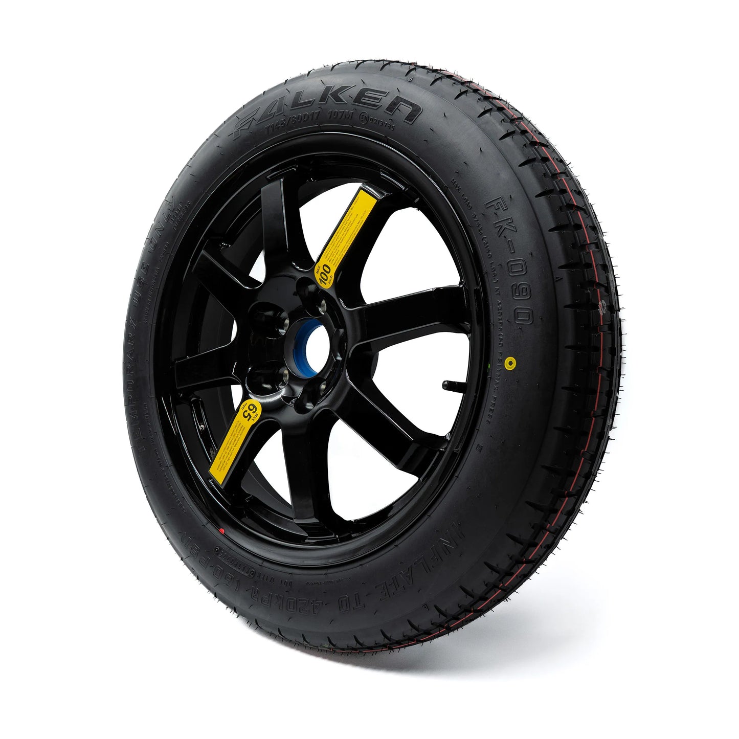 EZ Spare 17-inch black alloy wheel featuring a T145/80D17 compact spare tire, shown from a side angle with a gloss black finish.
