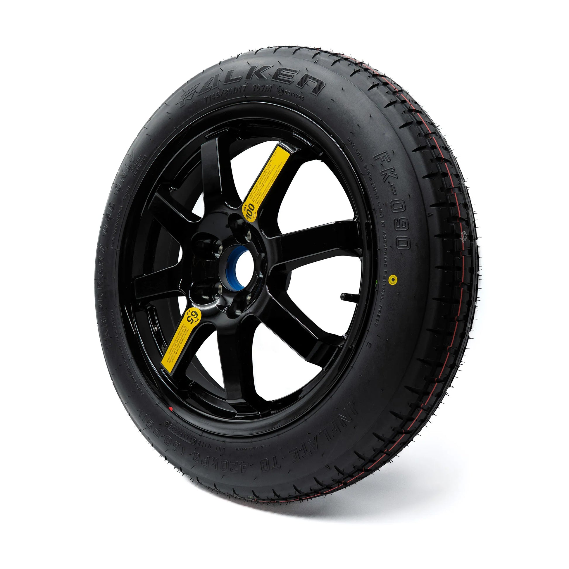EZ Spare 17-inch black alloy wheel featuring a T145/80D17 compact spare tire, shown from a side angle with a gloss black finish.