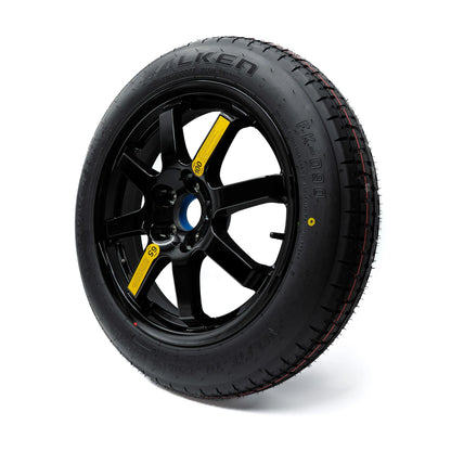 EZ Spare 17-inch black alloy wheel featuring a T145/80D17 compact spare tire, shown from a side angle with a gloss black finish.