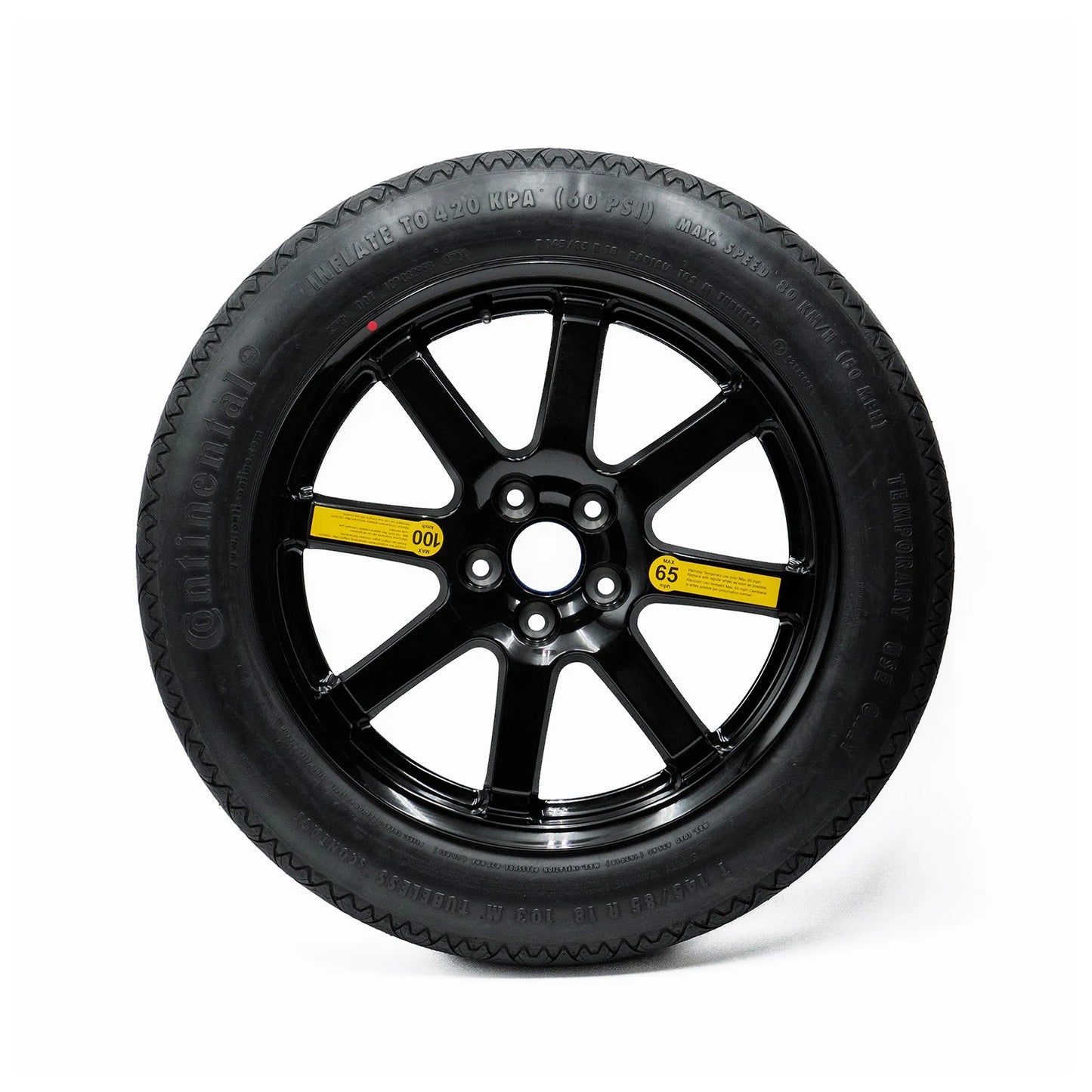 The 18-inch alloy compact spare tire, 145/85R18 EZ Spare Wheel, is specifically designed for temporary use and is essential for vehicles that do not come equipped with a spare tire.