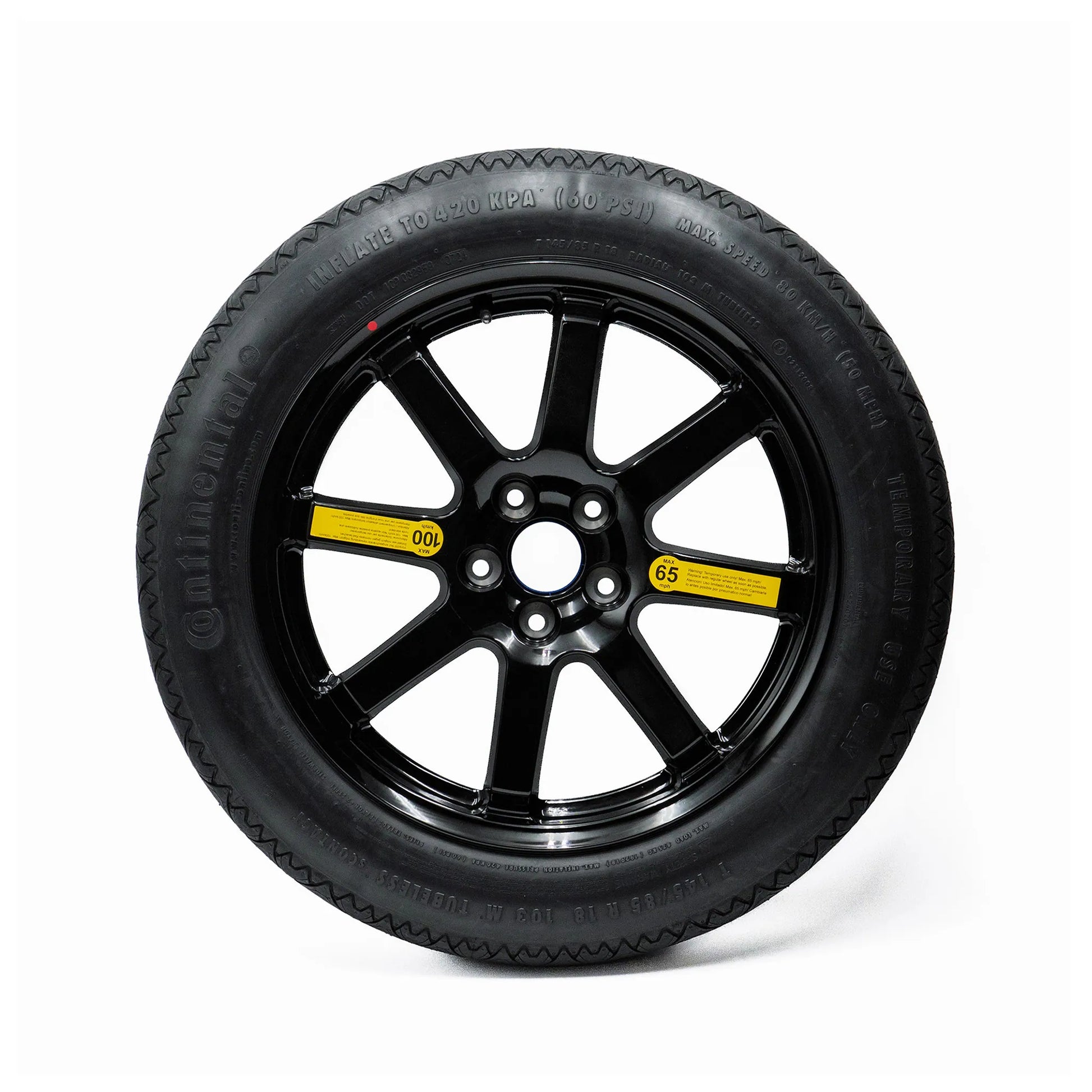 The 18-inch alloy compact spare tire, 145/85R18 EZ Spare Wheel, is specifically designed for temporary use and is essential for vehicles that do not come equipped with a spare tire.