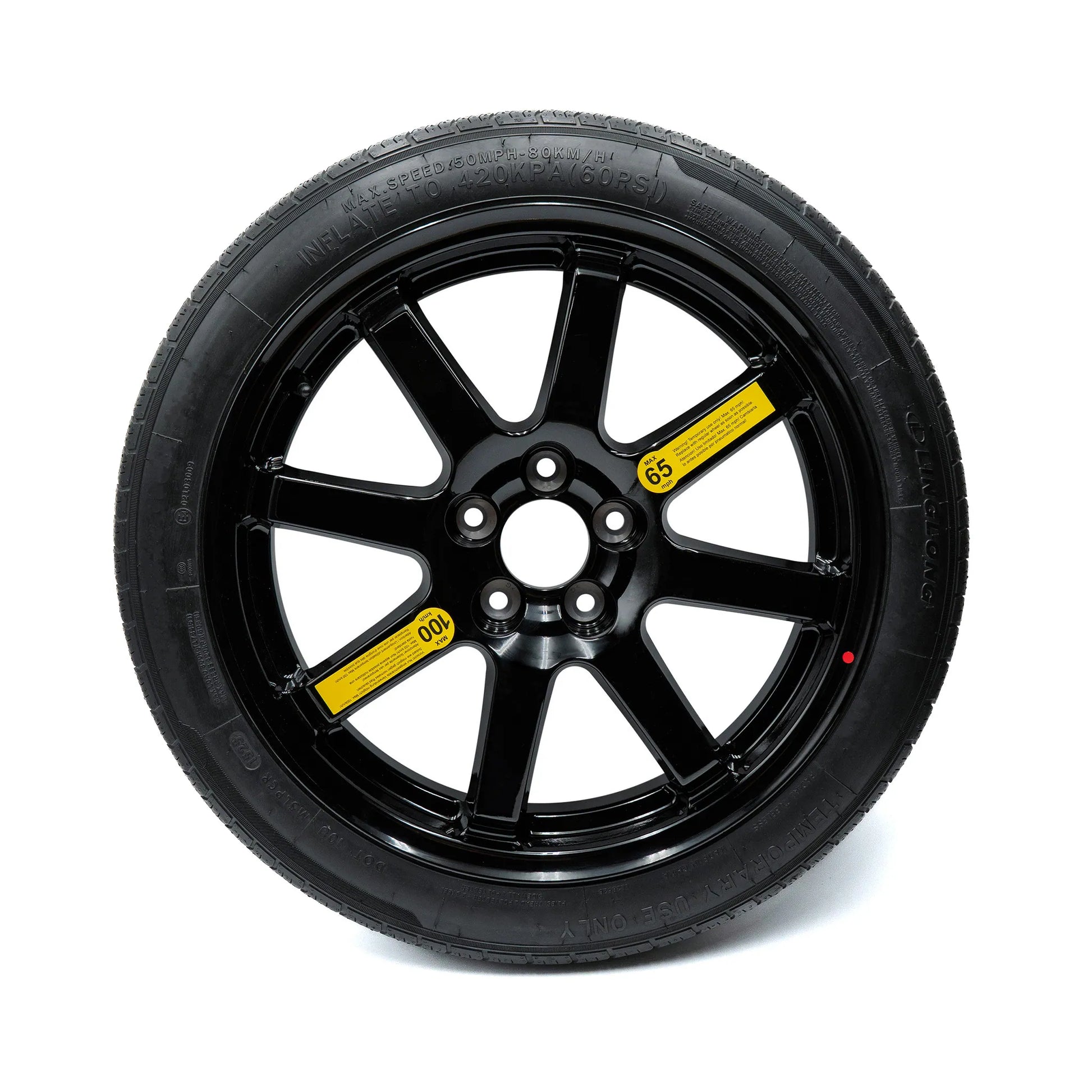 18-inch EZ Spare Wheel with T125/70R18 temporary-use tire – gloss black alloy emergency spare tire for vehicles without a factory spare.