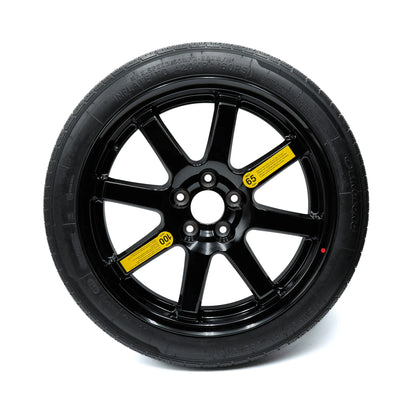 18-inch EZ Spare Wheel with T125/70R18 temporary-use tire – gloss black alloy emergency spare tire for vehicles without a factory spare.