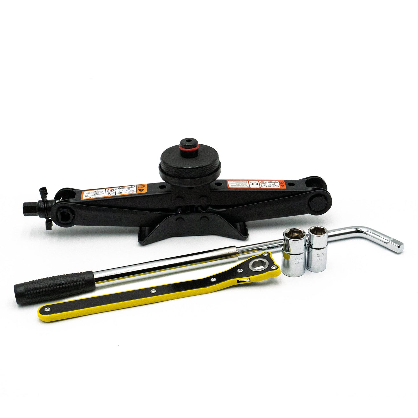 EZ Spare Wheel 2.5-ton scissor jack kit for Tesla with Tesla puck and ratchet wrench for tire change.