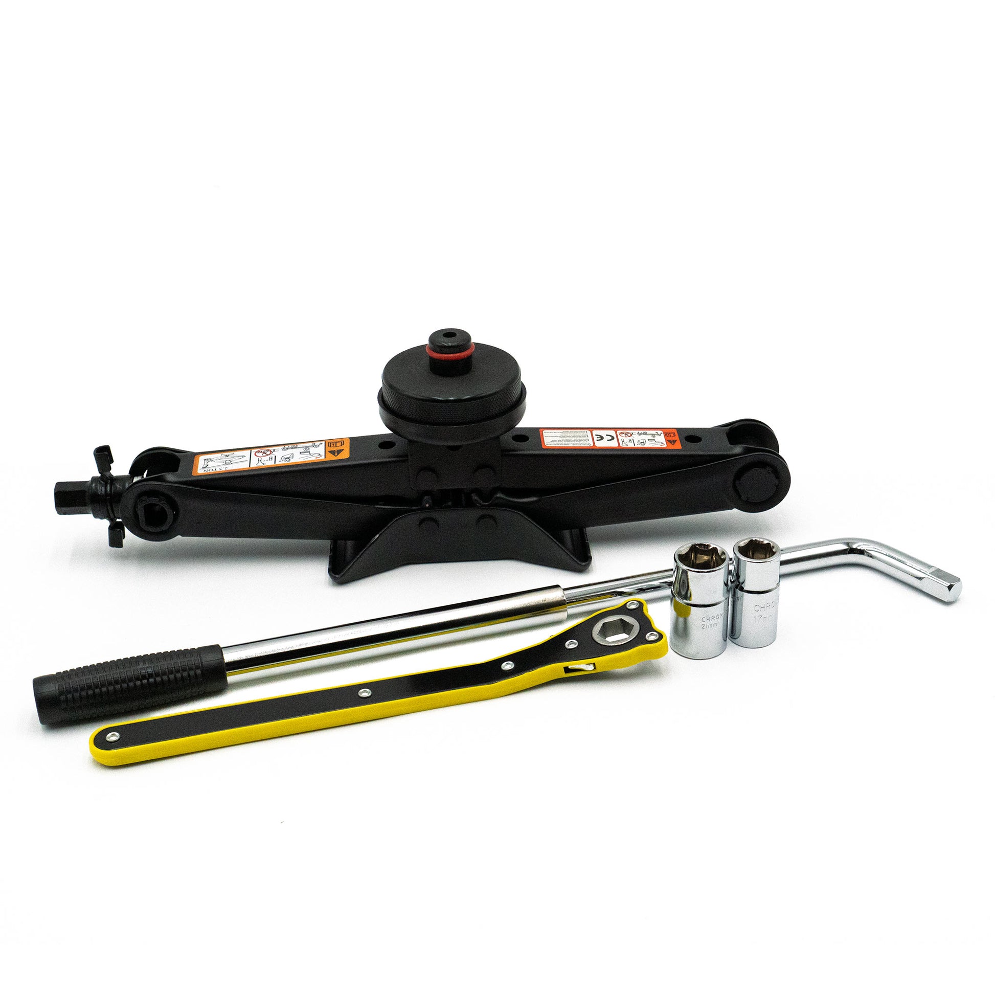 EZ Spare Wheel 2.5-ton scissor jack kit for Tesla with Tesla puck and ratchet wrench for tire change.