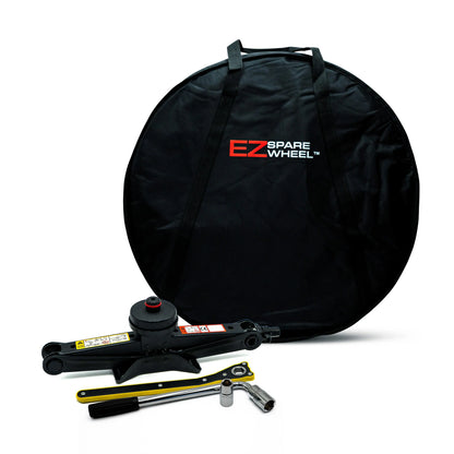 The complete Tesla Tire Changing Kit features a sturdy scissor jack, a telescoping lug wrench, dual-size sockets, a Tesla jack pad, and a spare tire carrying bag.