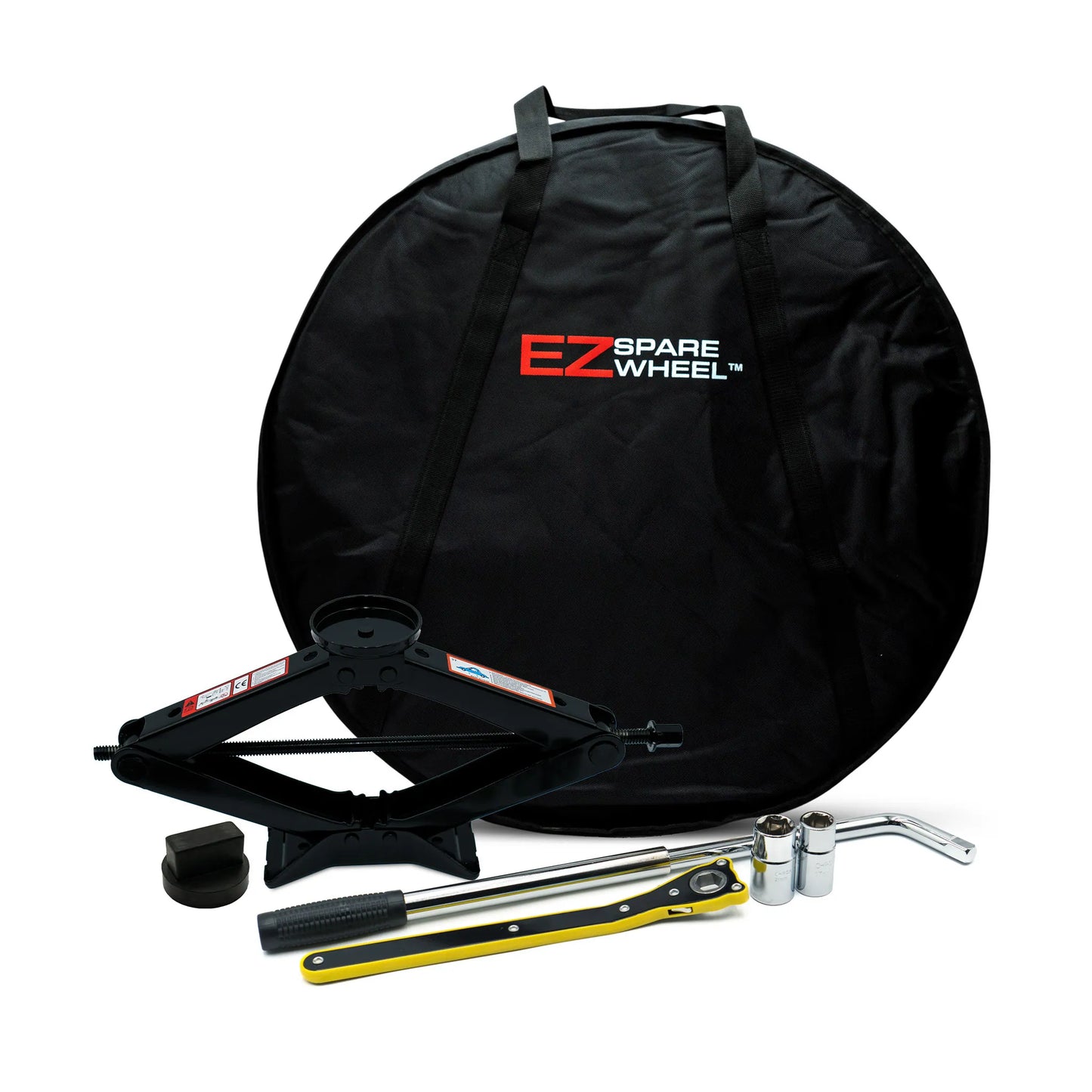 EZ Spare Wheel 3-ton scissor jack kit for Mercedes-Benz with rubber pads, ratchet wrench and spare tire carrying bag for tire change.