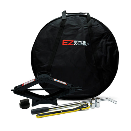 EZ Spare Wheel 3-ton scissor jack kit for Mercedes-Benz with rubber pads, ratchet wrench and spare tire carrying bag for tire change.