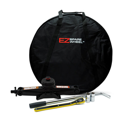 EZ Spare 3 ton scissor jack kit with tesla jack pad, lug wrench, sockets and spare tire carrying bag for roadside tire changes