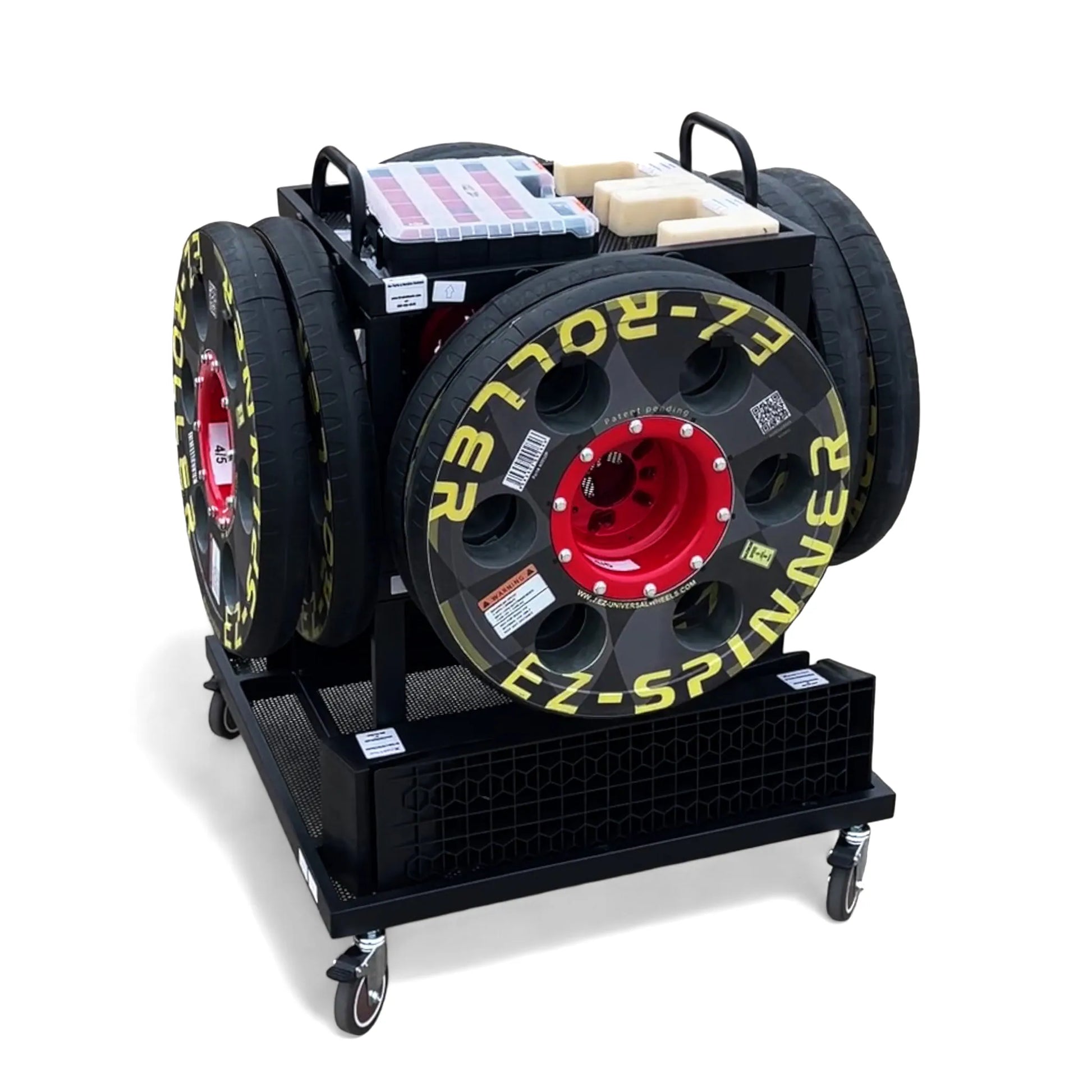 EZ Mobile Workstation with EZ Roller-Spinner wheels, hub accessories, and organizer – fully loaded display.