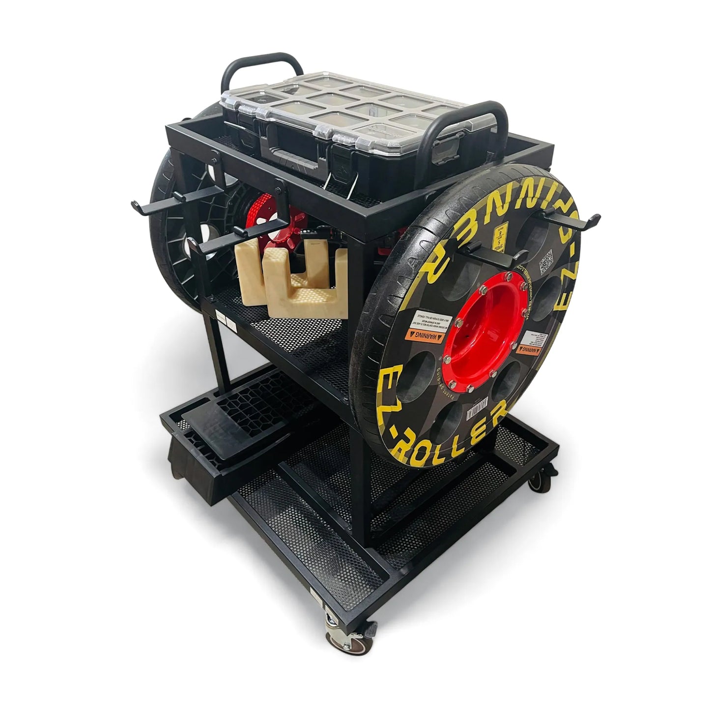 EZ Roller-Spinner display cart with sample wheels, U-chocks, and storage organizer – wheels shown for demonstration purposes only