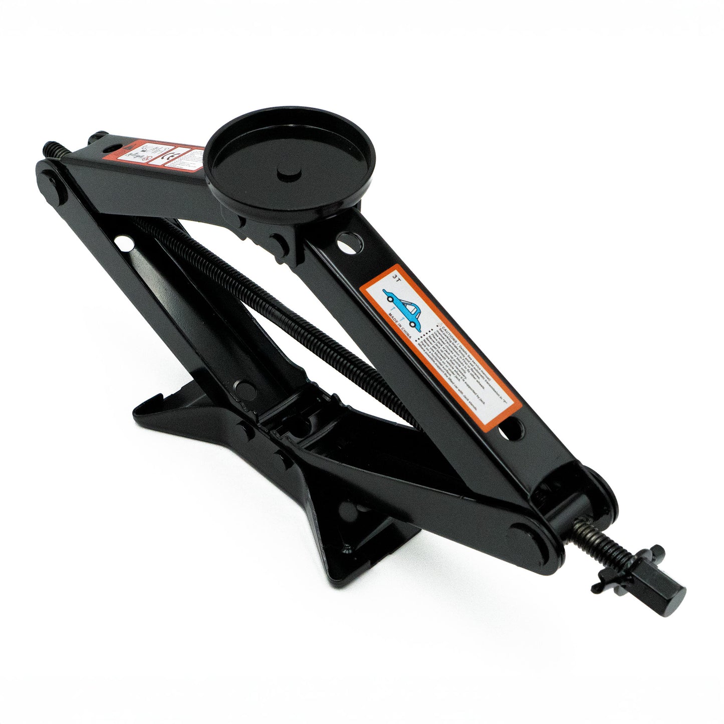 EZ Spare 3 ton scissor jack angled view showing universal jack pad and lifting mechanism