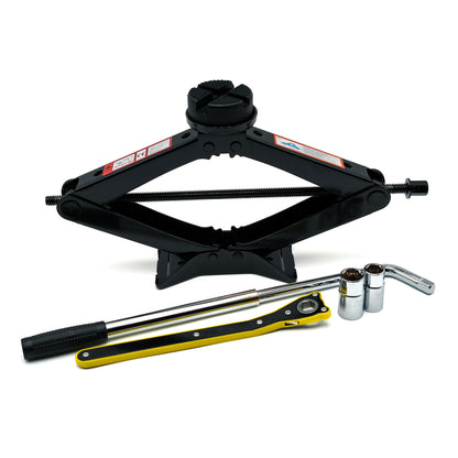 EZ Spare 3-ton scissor jack kit with universal jack pad, lug wrench, and sockets for roadside tire changes

