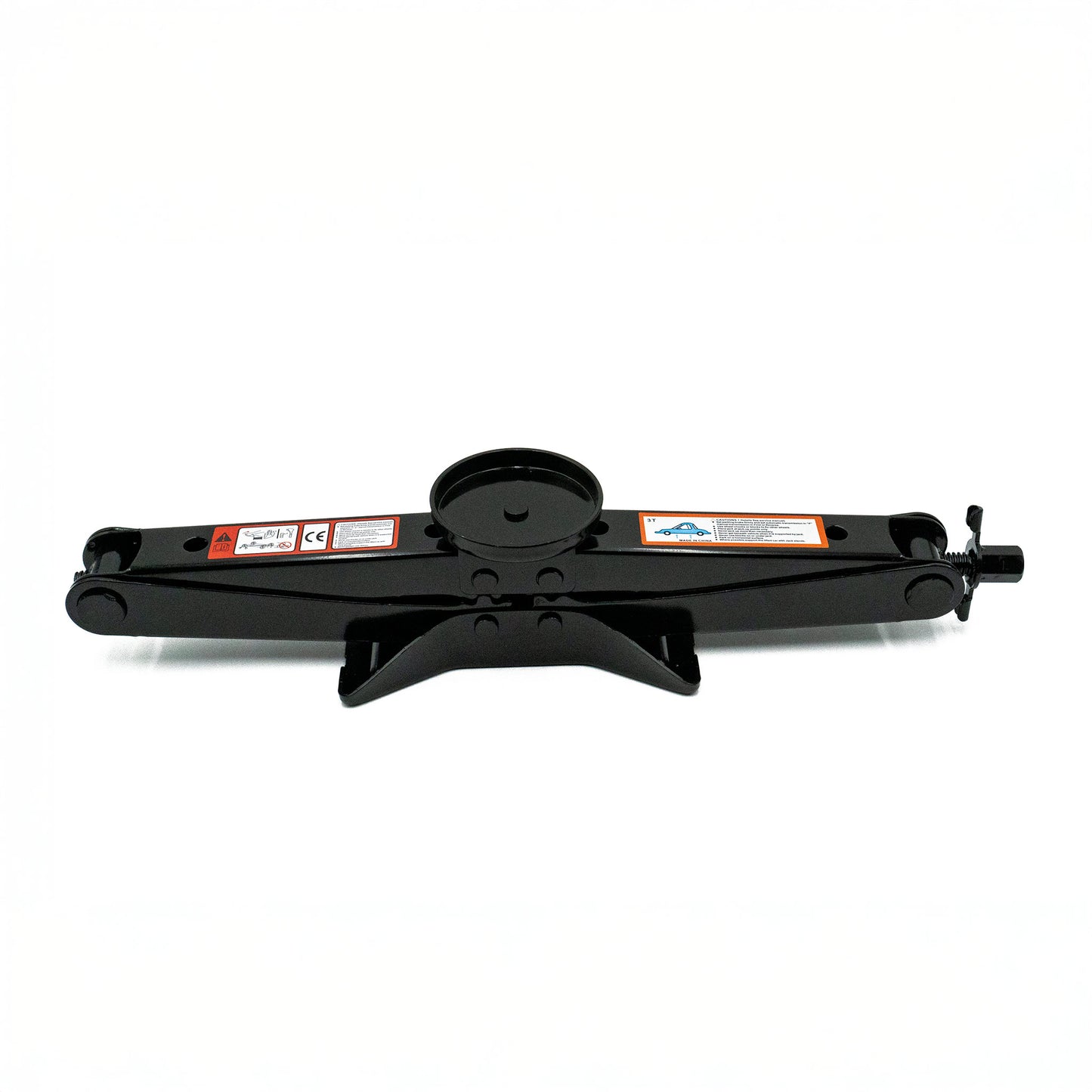 EZ Spare 3 ton scissor jack shown in lowered position with universal jack pad