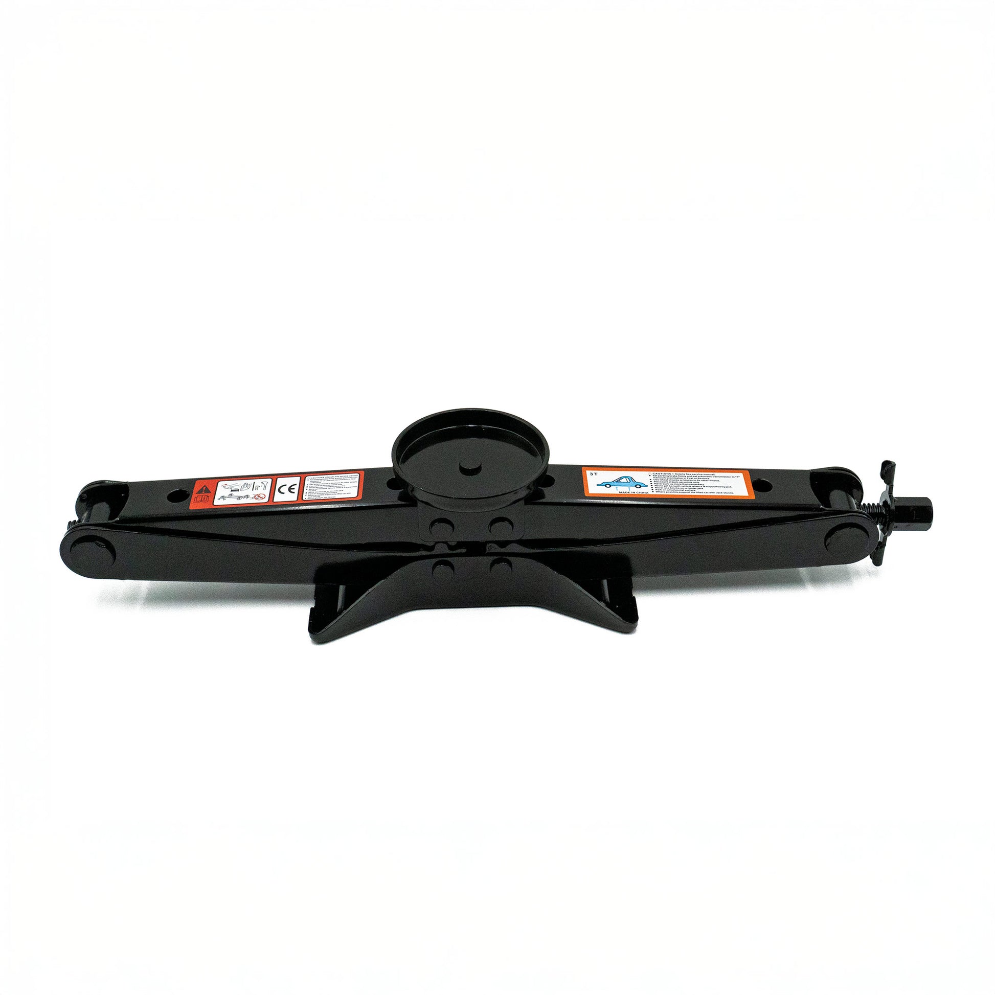 EZ Spare 3 ton scissor jack shown in lowered position with universal jack pad