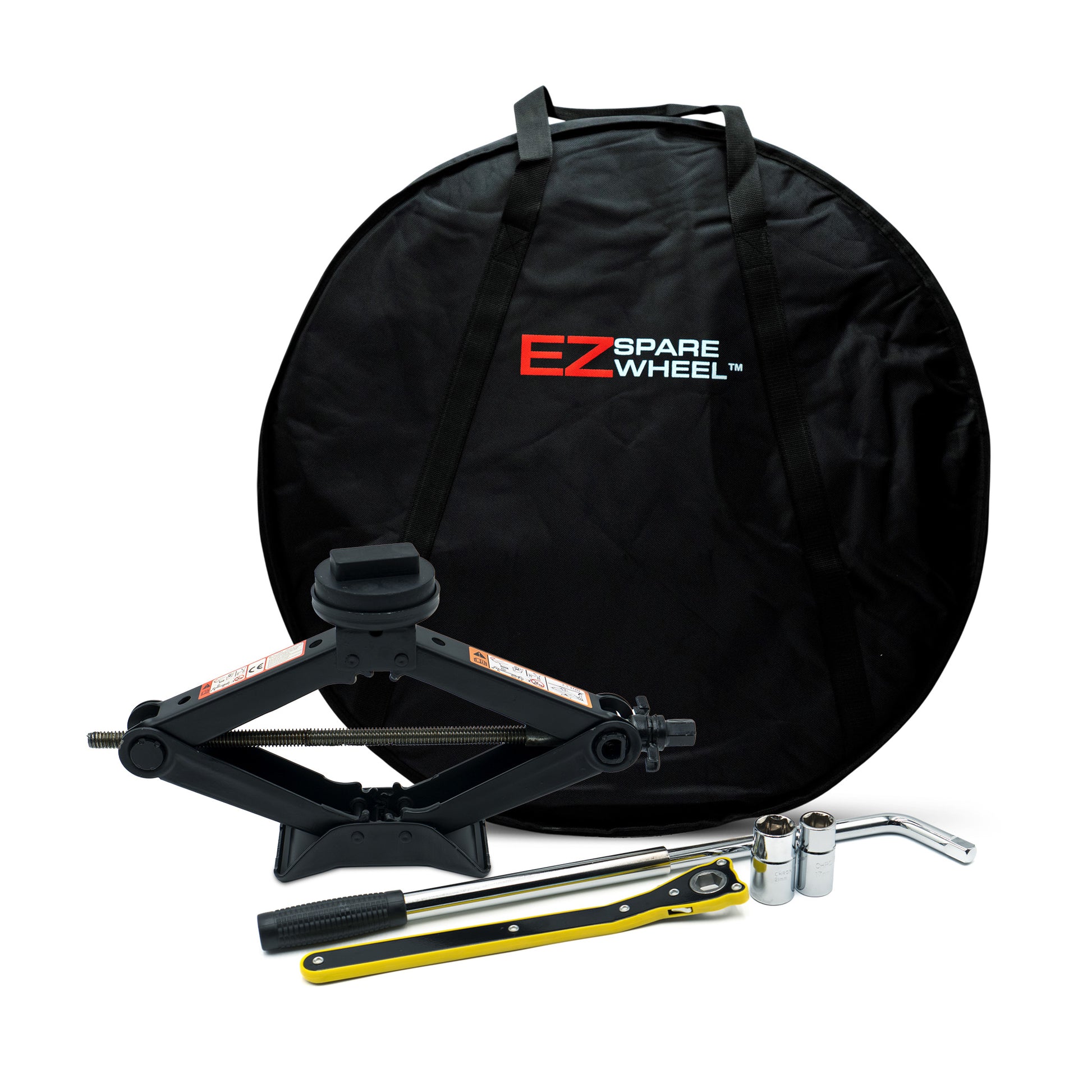 EZ Spare Wheel 3-ton scissor jack kit for BMW & MINI with rubber pads, ratchet wrench and spare tire bag for tire change.