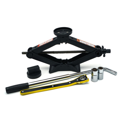 EZ Spare Wheel scissor jack kit for Mercedes-Benz with rubber pads and ratchet wrench for tire change.