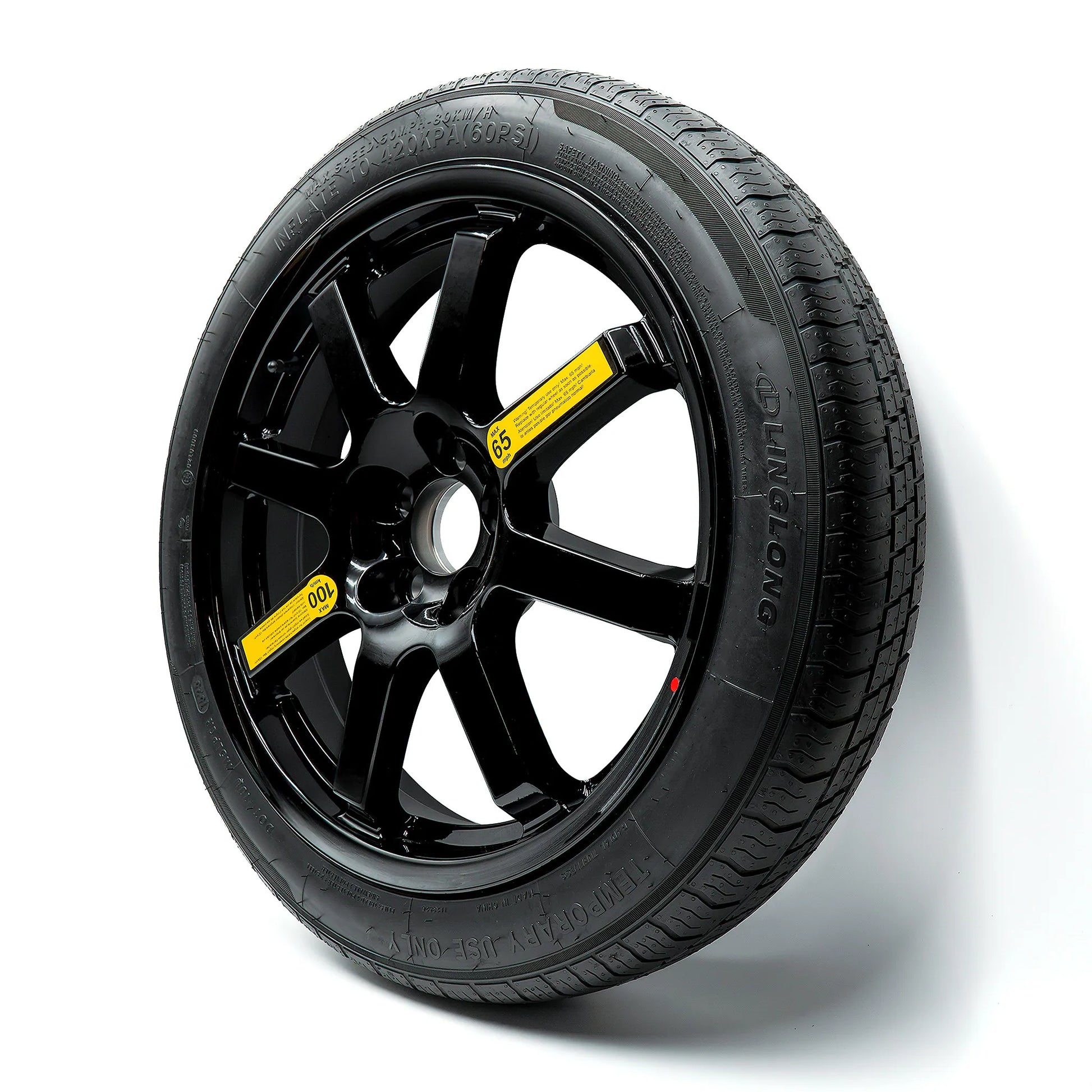 Side angle view of the EZ Spare Wheel with a 125/80r17 compact spare tire, designed for emergency use on 5-lug vehicles.
