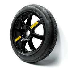 Side angle view of the EZ Spare Wheel with a 125/80r17 compact spare tire, designed for emergency use on 5-lug vehicles.
