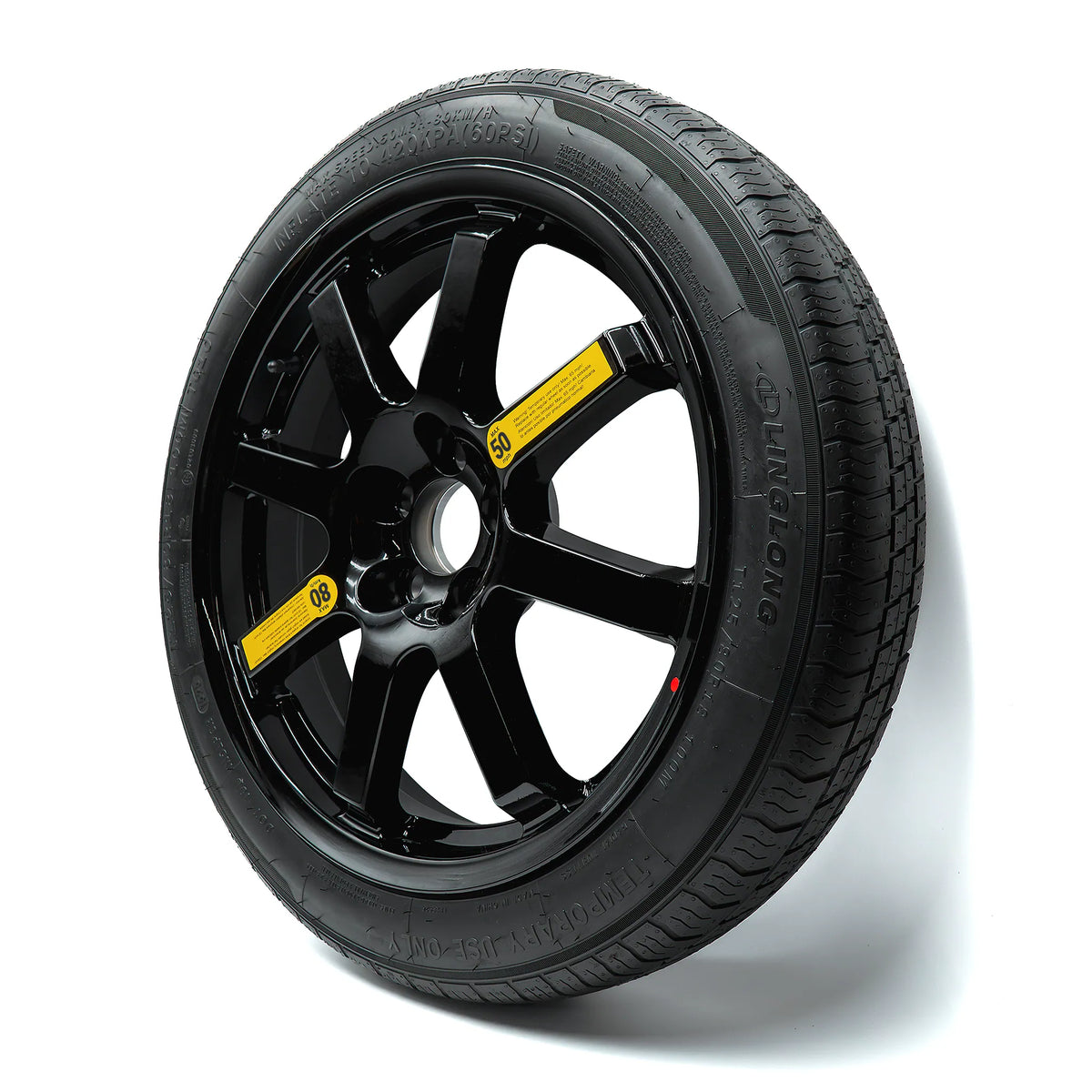 Side angle view of EZ Spare Wheel with 125/80R18 temporary spare tire