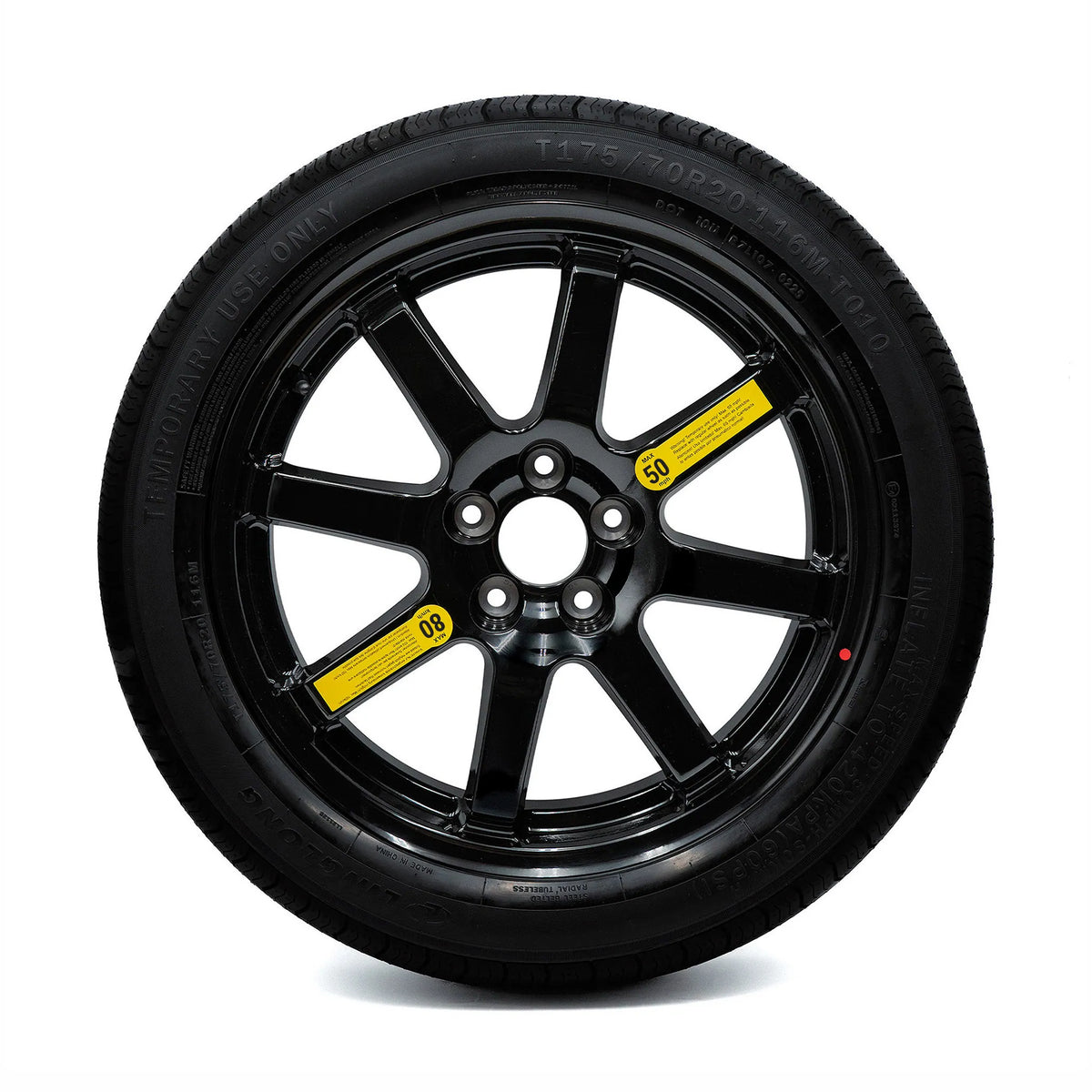 20-inch EZ Spare Wheel with a 175/70R20 spare tire, gloss black alloy finish, compatible with most vehicles, designed for temporary emergency use.