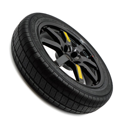 Side angle view of the EZ Spare Wheel with a 175/70R20 compact spare tire, designed for emergency use on 5-lug vehicles.