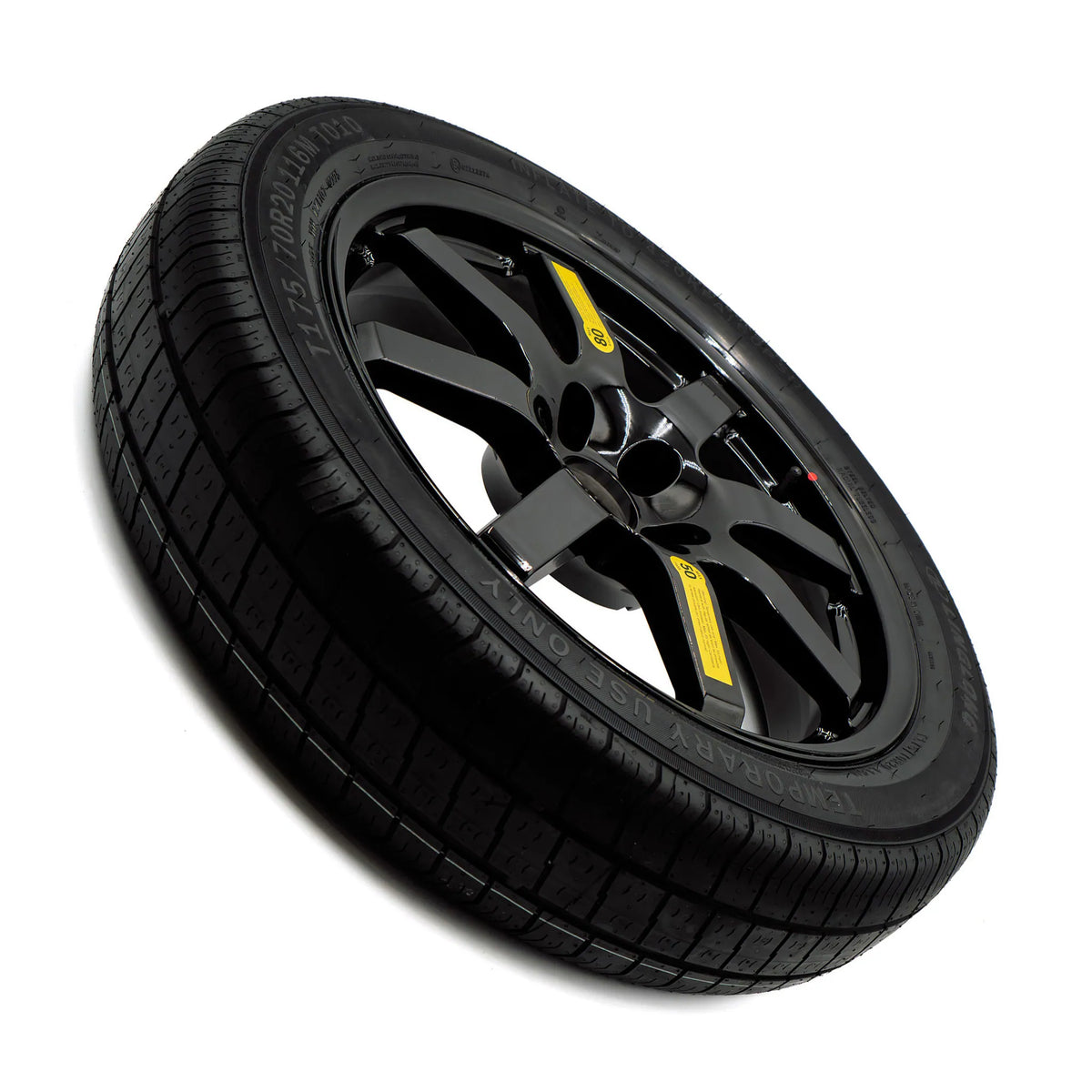 Top angle view of the EZ Spare Wheel with a 175/70R20 compact spare tire, designed for emergency use on 5-lug vehicles.