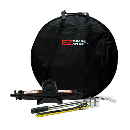 EZ Spare Wheel 2.5-ton scissor jack kit for Mercedes-Benz with rubber pads, ratchet wrench and spare tire carrying bag for tire change.