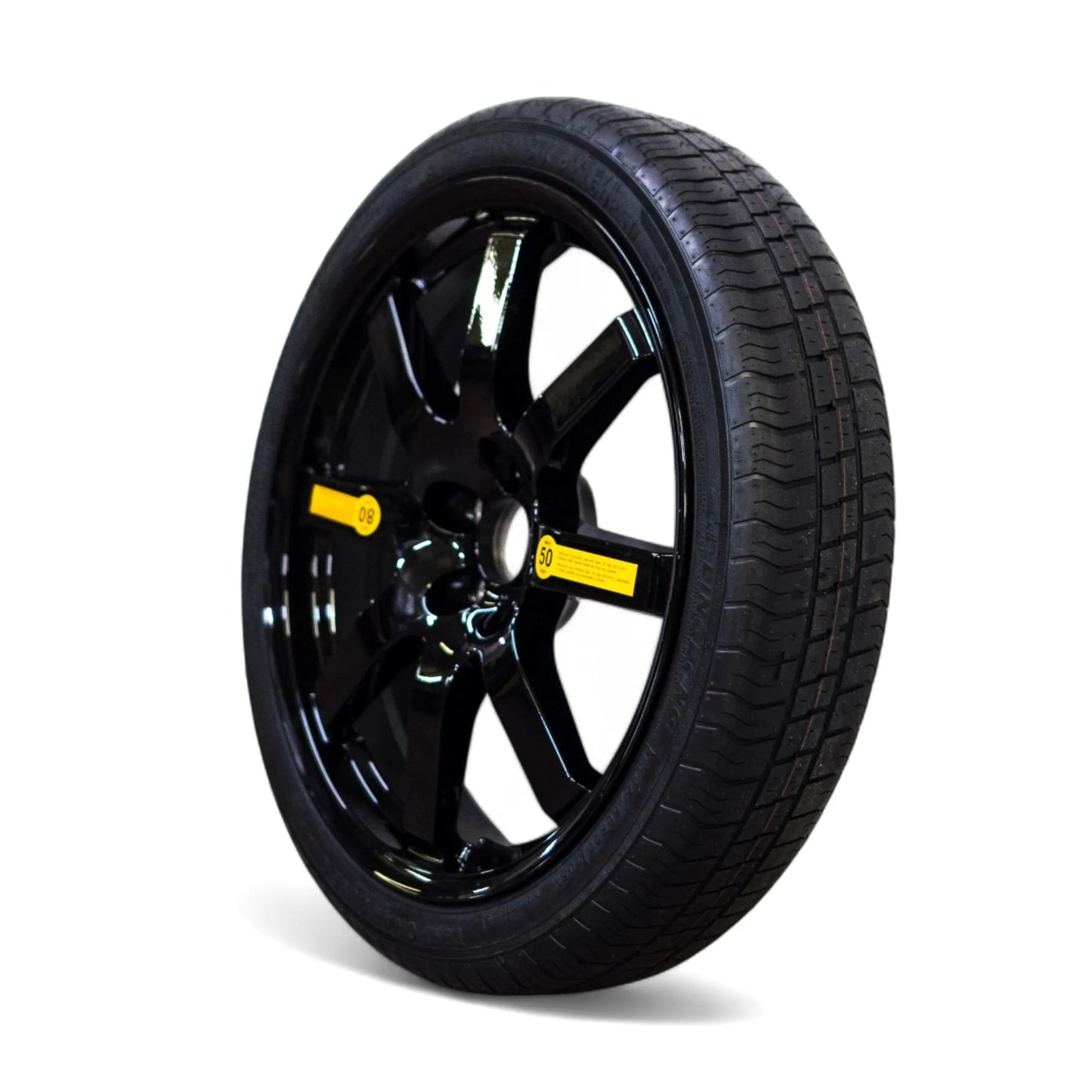 20-inch EZ Spare Wheel featuring a gloss black finish, high-performance tire, and striking black alloy rim, designed for quick and easy installation in case of a flat tire or emergency.