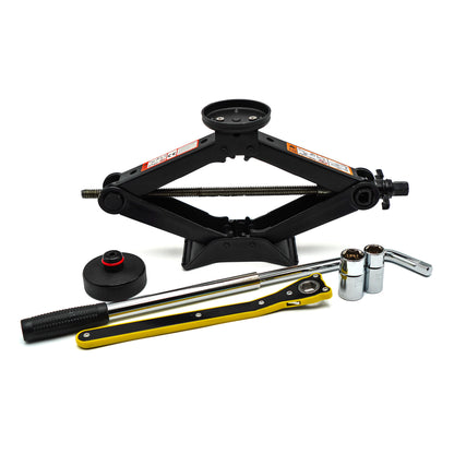 EZ Spare Wheel 3-ton scissor jack kit for Tesla with rubber pads and ratchet wrench for tire change.