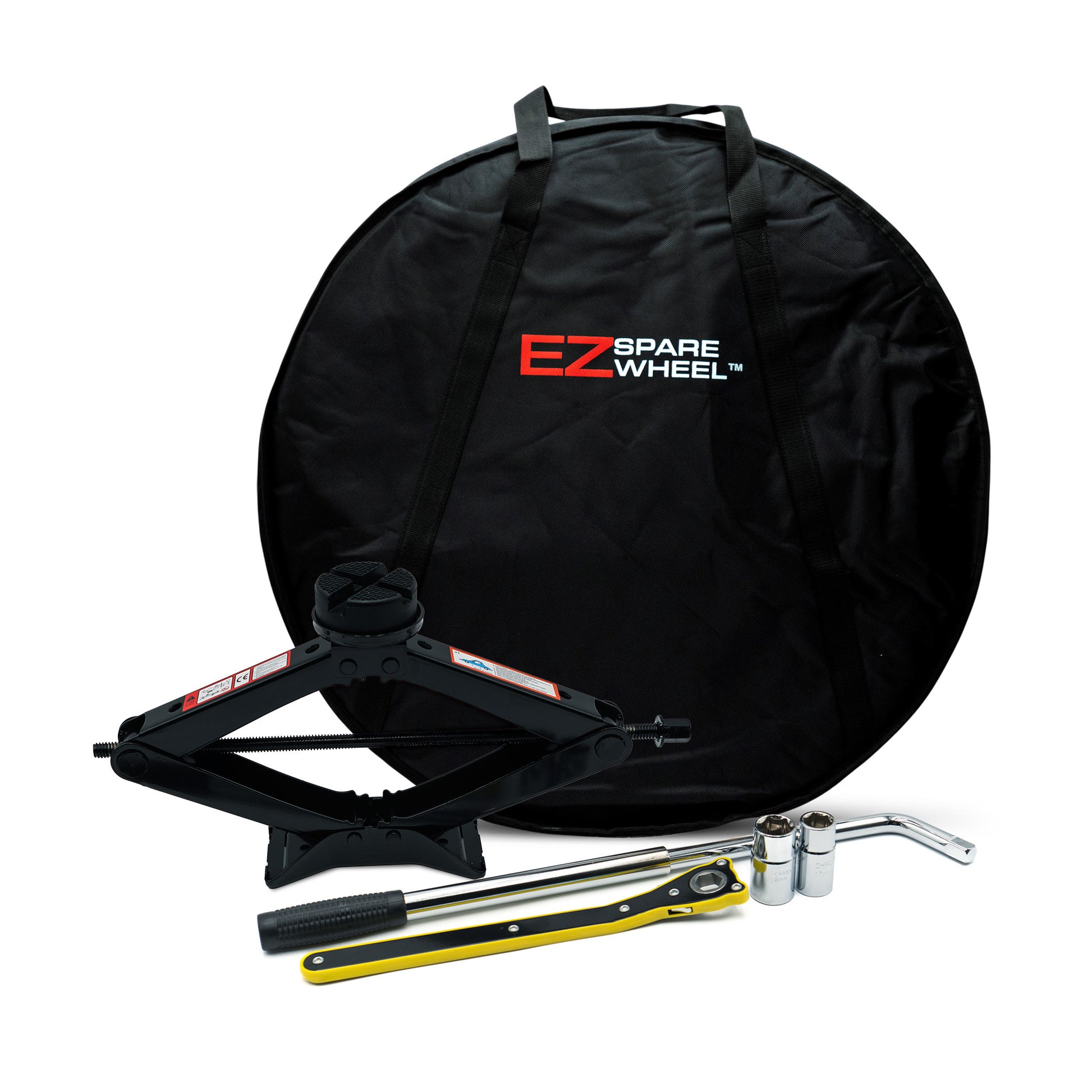 EZ Spare 3 ton scissor jack kit with universal jack pad, lug wrench, and sockets for roadside tire changes
