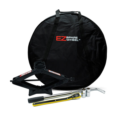 EZ Spare 3 ton scissor jack kit with universal jack pad, lug wrench, and sockets for roadside tire changes