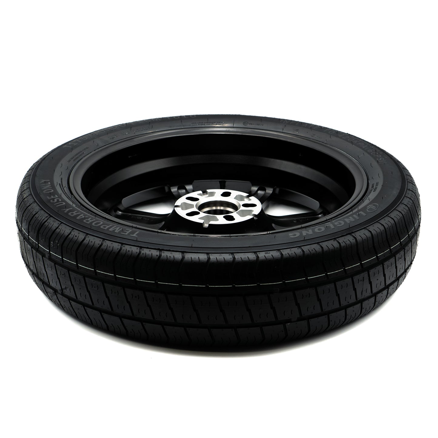 Rear angle view of the EZ Spare Wheel with a 175/70R20 compact spare tire, designed for emergency use on 5-lug vehicles.