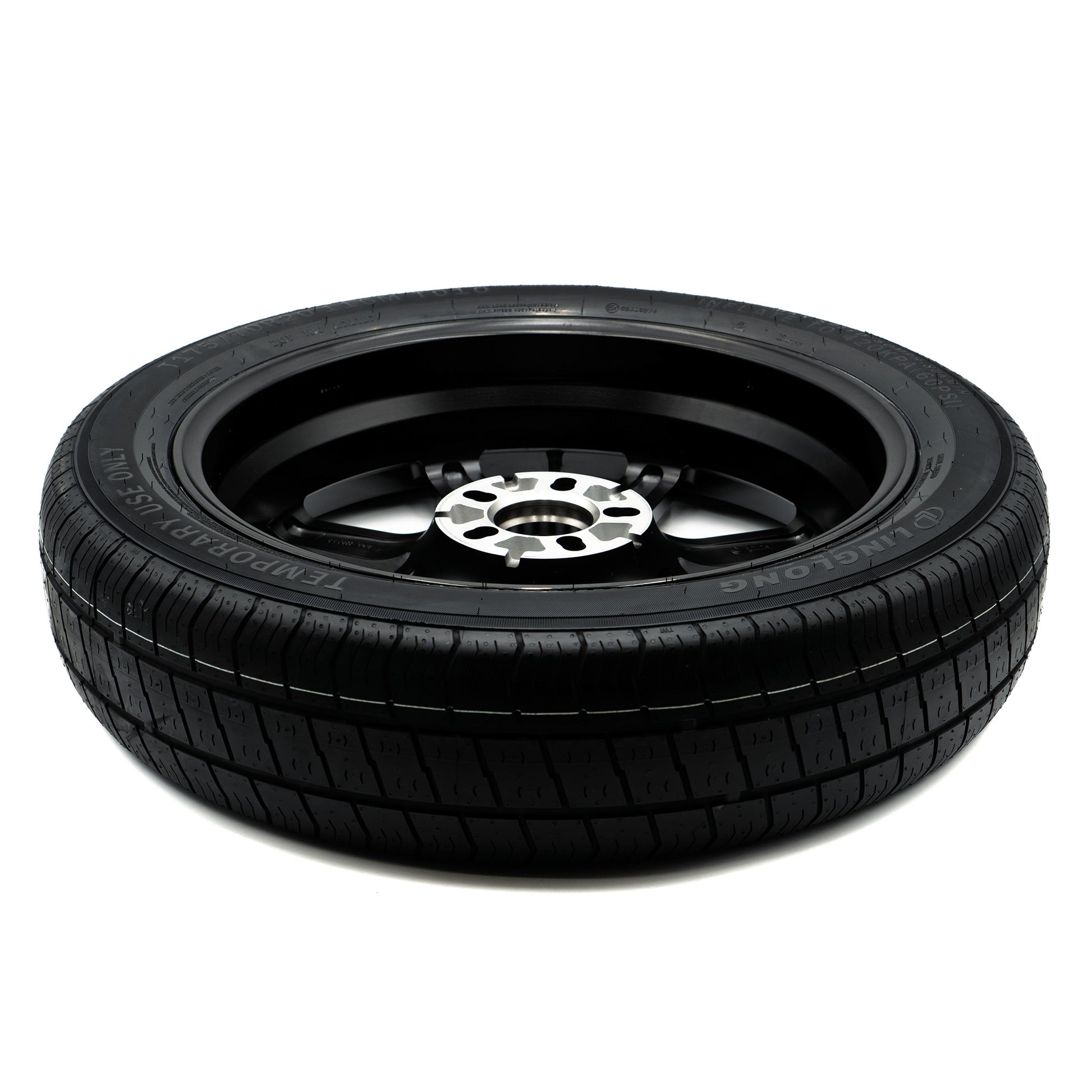 Rear angle view of the EZ Spare Wheel with a 175/70R20 compact spare tire, designed for emergency use on 5-lug vehicles.