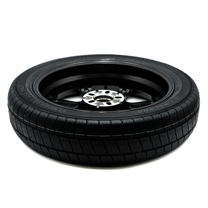 Rear angle view of the EZ Spare Wheel with a 175/70R20 compact spare tire, designed for emergency use on 5-lug vehicles.