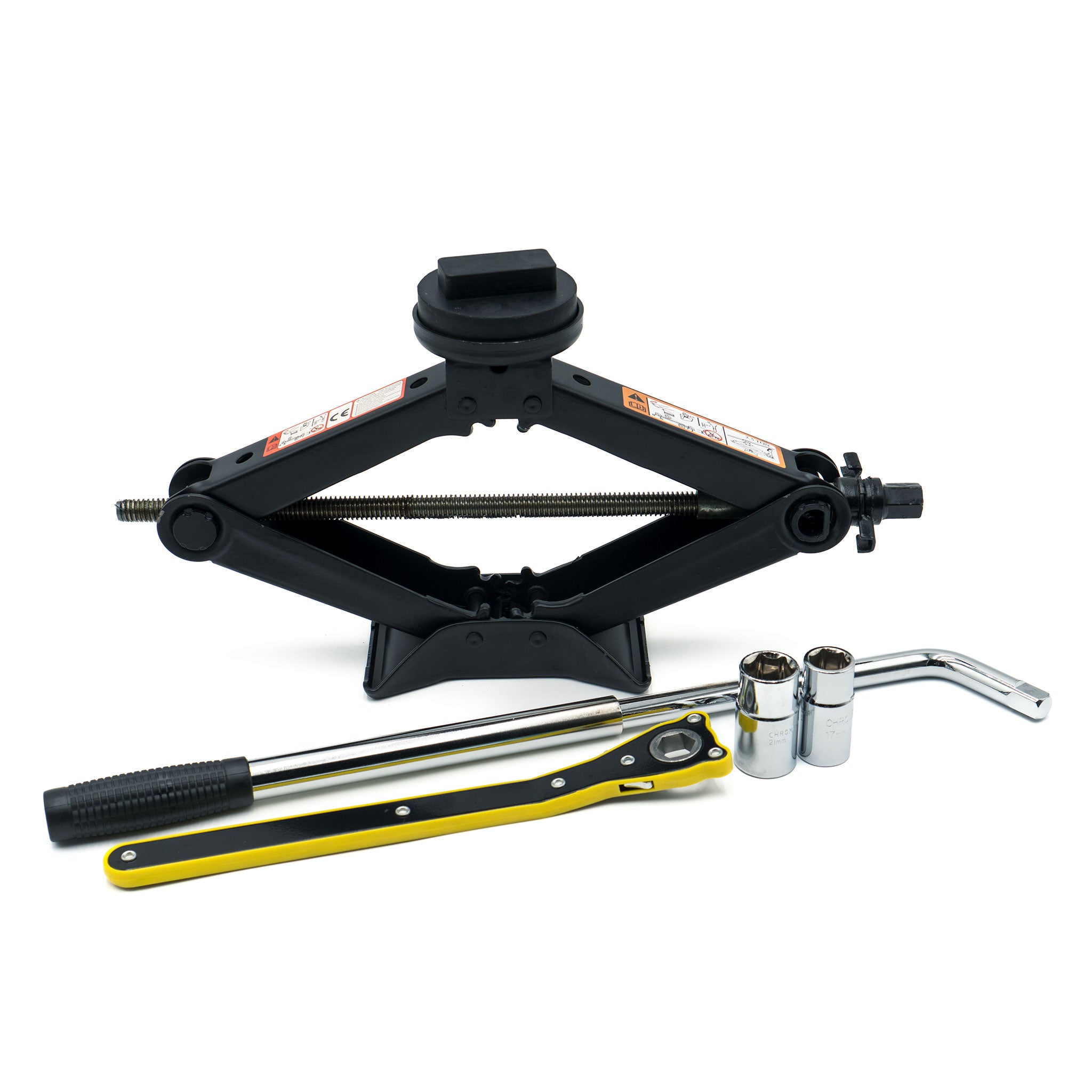 EZ Spare Wheel 2.5-ton scissor jack kit for BMW & MINI with rubber pads and ratchet wrench for tire change.