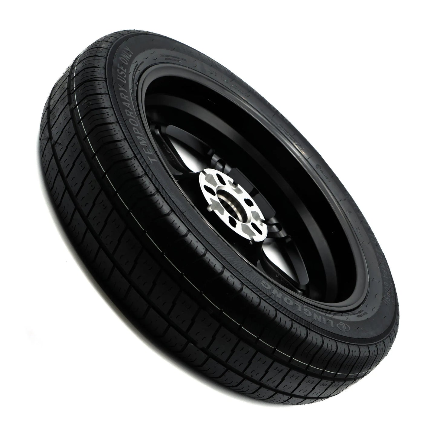 View of the EZ Spare Wheel and Tire from the back, highlighting the bolt pattern and hub area for compatibility with 5-lug vehicles.