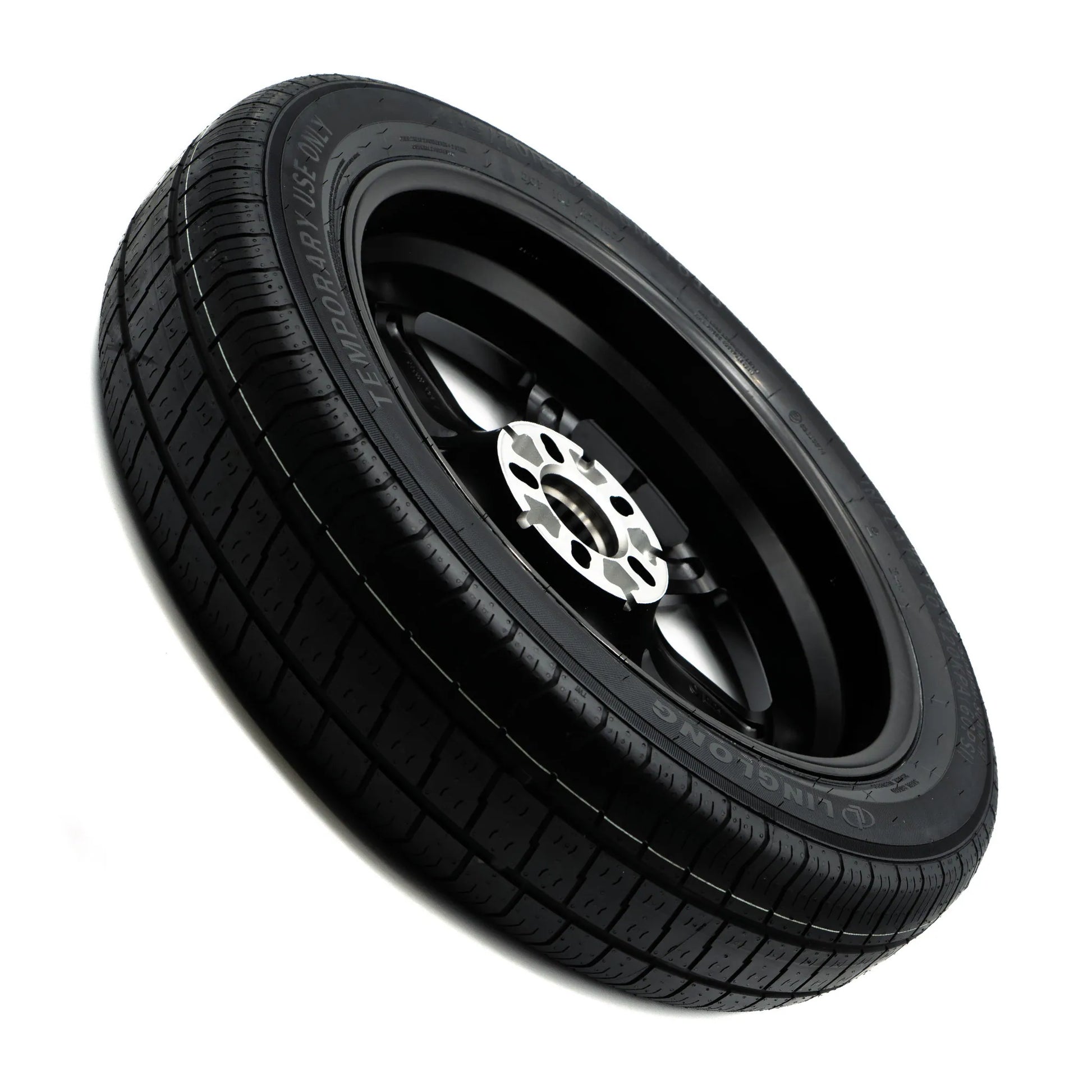 View of the EZ Spare Wheel and Tire from the back, highlighting the bolt pattern and hub area for compatibility with 5-lug vehicles.