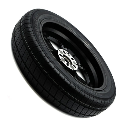 View of the EZ Spare Wheel and Tire from the back, highlighting the bolt pattern and hub area for compatibility with 5-lug vehicles.