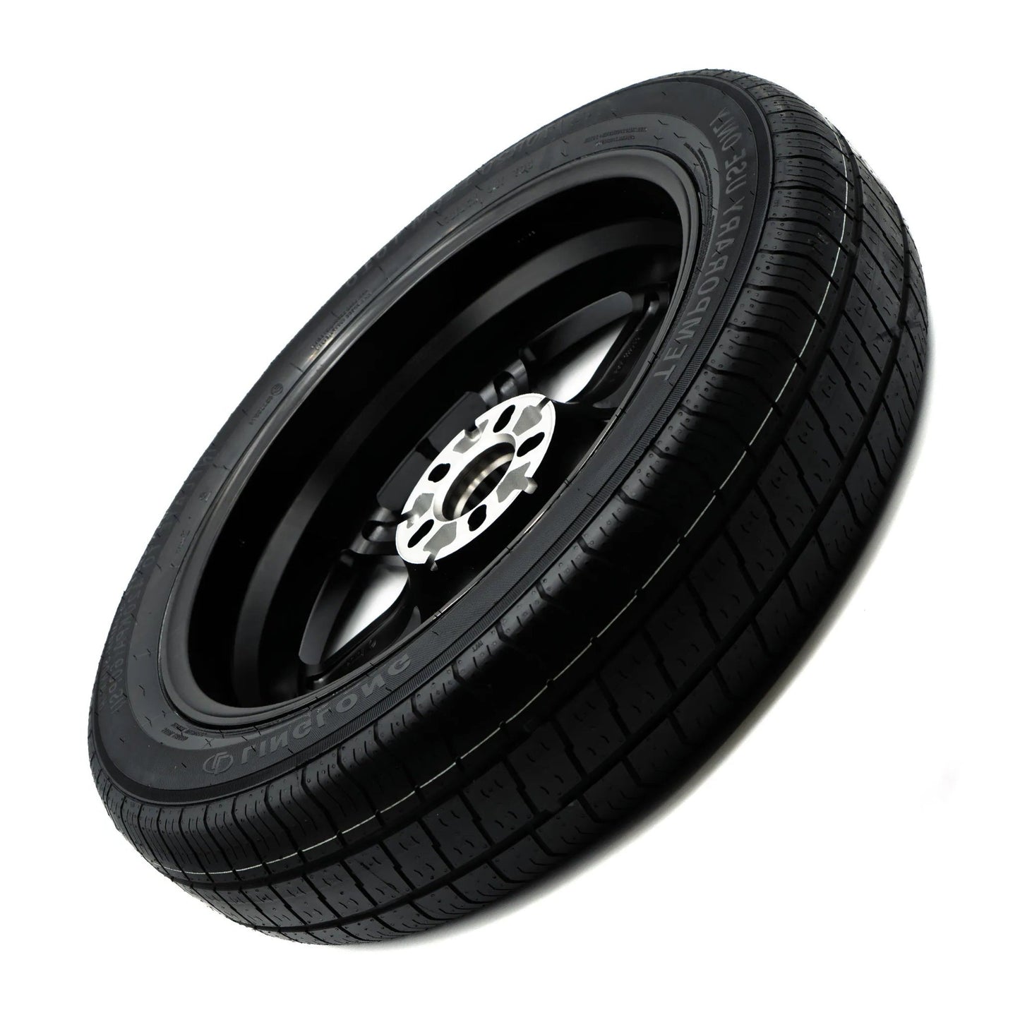 View of the EZ Spare Wheel and Tire from the back, highlighting the bolt pattern and hub area for compatibility with 5-lug vehicles.