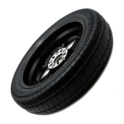 View of the EZ Spare Wheel and Tire from the back, highlighting the bolt pattern and hub area for compatibility with 5-lug vehicles.