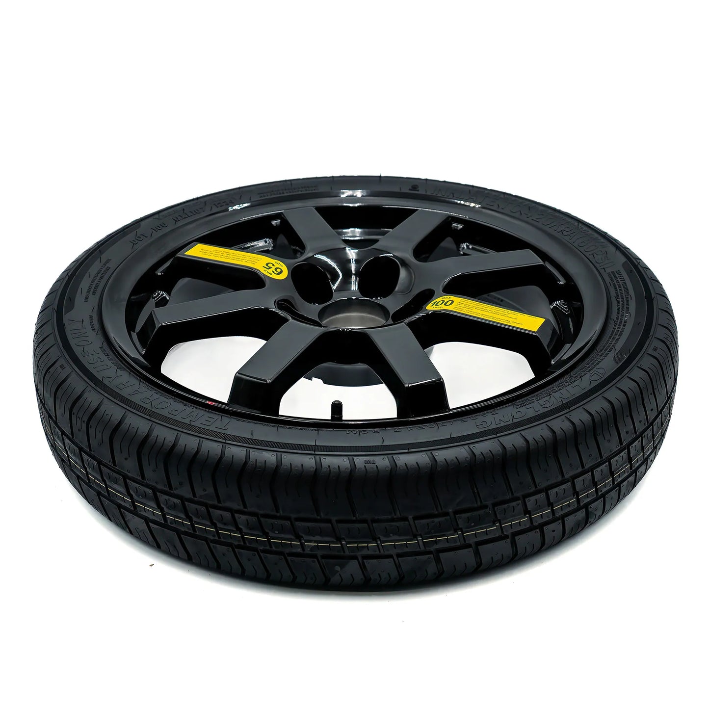 Top view of the EZ Spare Wheel with a 125/80R17 compact spare tire, designed for emergency use on 5-lug vehicles.