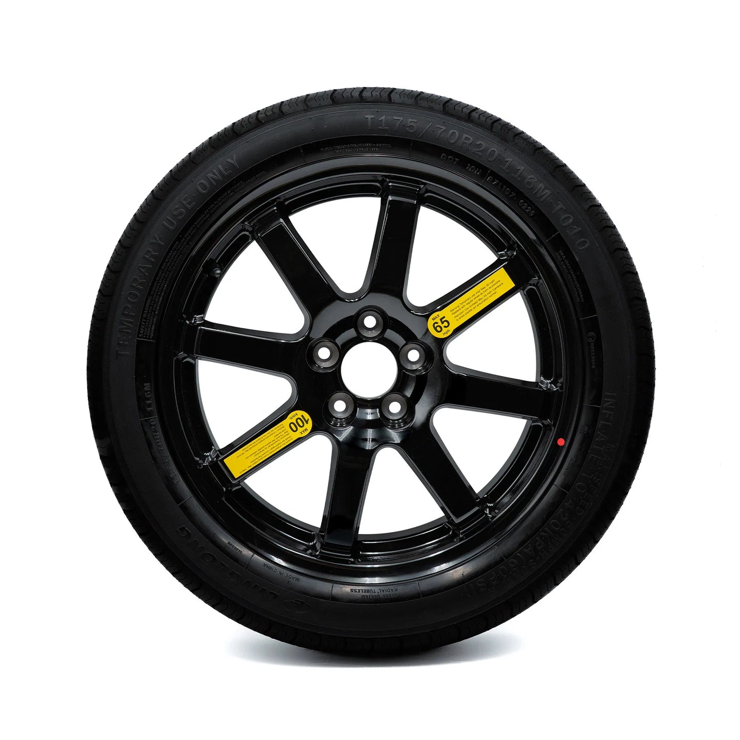 2016-2026 Lexus RX, Hybrid, Plug-In Hybrid, and F Sport models come with a temporary-use compact spare tire featuring a black alloy rim, along with speed and pressure warning labels.