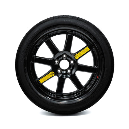 2016-2026 Lexus RX, Hybrid, Plug-In Hybrid, and F Sport models come with a temporary-use compact spare tire featuring a black alloy rim, along with speed and pressure warning labels.