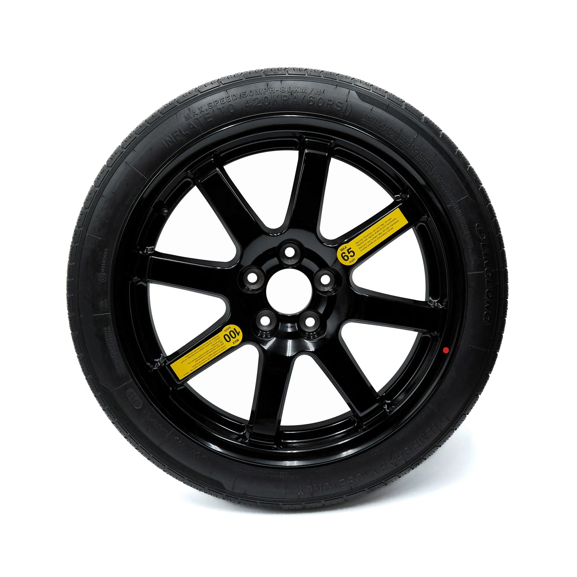20-inch EZ Spare Wheel and T145/65R20 compact spare tire for all Lucid Air models, featuring a black alloy rim and a temporary use tire with yellow speed warning labels.