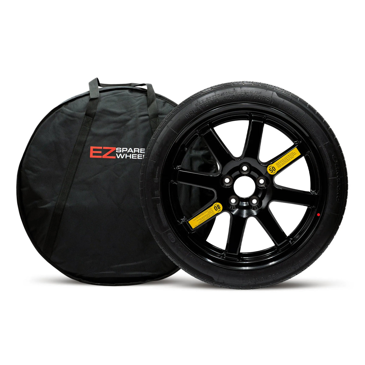 20-inch EZ Spare Wheel with T145/65R20 compact spare tire and premium carrying bag for Tesla Model S Performance (2012–2026).
