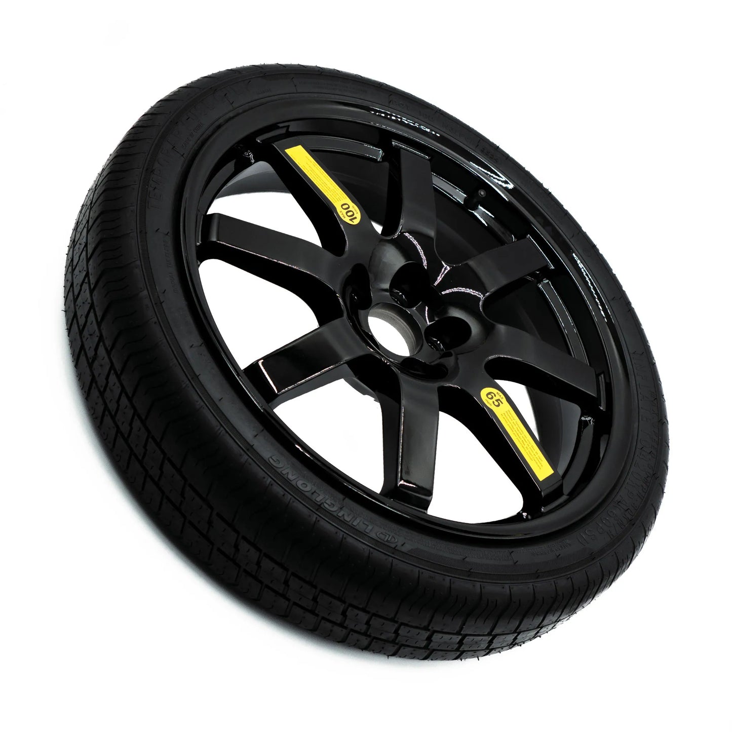 Top view of EZ Spare temporary emergency tire with black alloy wheel for 5-lug vehicles